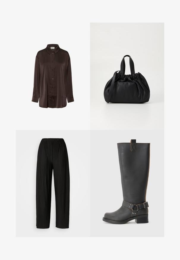 Cămașă din satin maro cu nasturi, având un guler clasic, mâneci lungi și o croială lejeră, cu o textură netedă și un luciu subtil.; Pantaloni negri cu pliuri largi și talie elastică. Materialul are pliuri verticale și o textură netedă.; Cizmă înaltă din piele neagră, cu un finisaj texturat, având un accent cu cataramă pe lateral și un toc mic. Cusături detaliate de-a lungul cusăturilor.; Geantă de mână din piele neagră cu un design cu partea superioară plisată, având două mânere scurte și o curea lungă ajustabilă. Textură netedă, formă rotunjită.