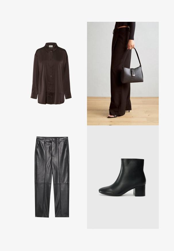 Barna selyemgalléros, gombos ing klasszikus gallérral, hosszú ujjal és laza szabással, sima textúrával és enyhe fényességgel.; Fekete bőrnadrág sima textúrával, egyenes szabással, két elülső zsebbel és látható varrás részletekkel.; Fekete bőr bokacsizma hegyes orral és vastag sarokkal. Sima felület minimális díszítéssel és karcsú, passzos kialakítással.; Fekete kézi táska strukturált formával, sima textúrával és fémből készült záródással. Széles fekete nadrággal és nyitott orrú szandállal párosítva, fából készült padlón.