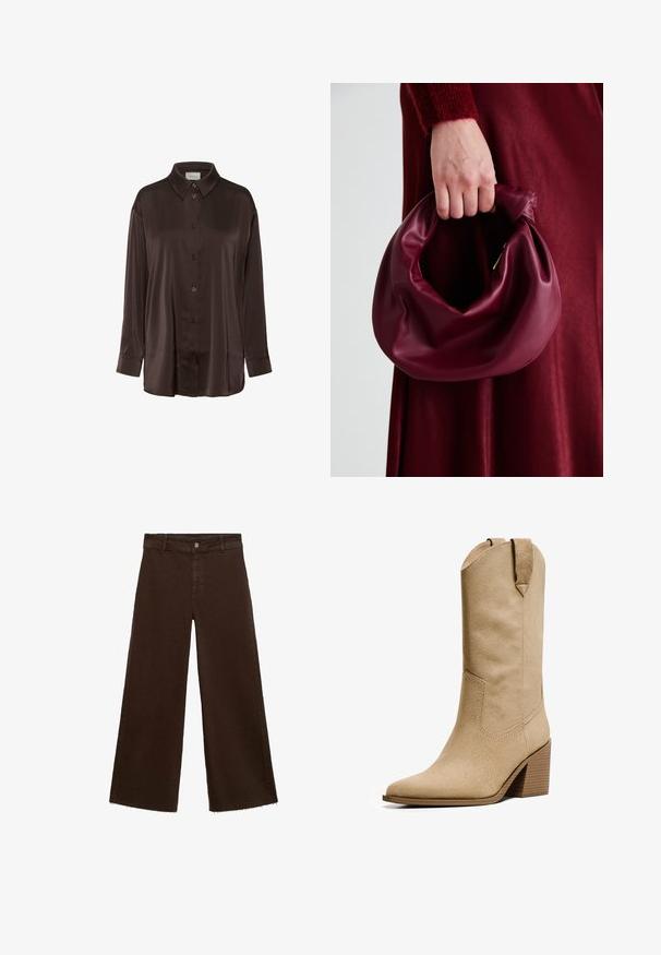 Hnedá saténová košeľa na gombíky s klasickým golierom, dlhými rukávmi a voľným strihom, s hladkou textúrou a jemným leskom.; Hnedé široké nohavice z bavlnenej zmesi, s roztrhnutým lemom, predným zapínaním na gombík a klasickým dizajnom s piatimi vreckami. Minimalistické a všestranné.; Bershka HIGH-HEEL - Kovbojské/motorkárske čižmy - beige; Burgundská kožená kabelka s mäkkým, zhromaždeným dizajnom a zaobleným tvarom. Rukoväť je pevne zaisťujúca a vystavuje hladkú textúru.