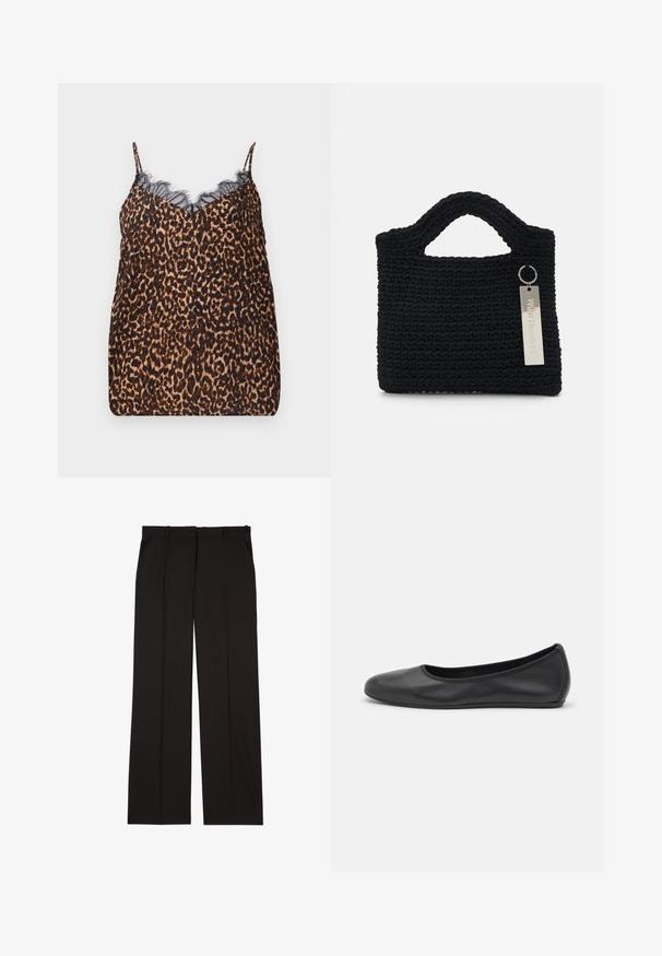 Camisola de tecido suave com padrão de leopardo, apresentando um delicado acabamento de renda preta ao longo da gola e alças finas ajustáveis.; Calças pretas sob medida feitas de um tecido suave, com um design de perna reta e dois bolsos laterais. Construção elegante e minimalista.; Bailarina preta em pele com bico arredondado, textura suave, detalhe de costura minimalista e design de sola flexível.; Won Hundred MARSIELLE COMPUTER BAG UNISEX - Mala para portátil - black