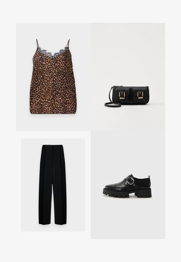 Leopard print camisole made of soft fabric, featuring delicate black lace trim along the neckline and adjustable spaghetti straps.; Black wide-leg trousers with a high waist, featuring pleats and a smooth texture. The fabric appears lightweight and drapes elegantly.; Black leather shoes with a chunky, ribbed sole, featuring a circular silver hardware accent and minimal stitching detail.; Black leather crossbody bag with two front pockets, gold buckles, zipper closure, and a slim strap. Textured surface and compact rectangular shape.