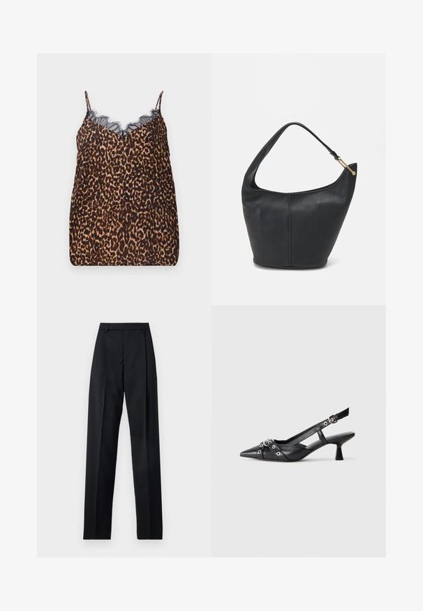 Camisola con stampa leopardata realizzata in tessuto morbido, con delicati pizzi neri lungo il scollo e spalline regolabili.; Pantaloni neri realizzati in tessuto morbido, caratterizzati da vita alta, gambe larghe, pince frontali e classiche passanti per cintura. Non ci sono tasche laterali visibili.; Scarpa slingback nera in pelle con punta affusolata, cinturini decorativi con occhielli metallici e tacco basso a blocco. Superficie testurizzata.; Borsa a tracolla in pelle nera con forma arrotondata, una tracolla ampia e una finitura testurizzata. Presenta un dettaglio di cucitura discreto e un dettaglio in metallo dorato.