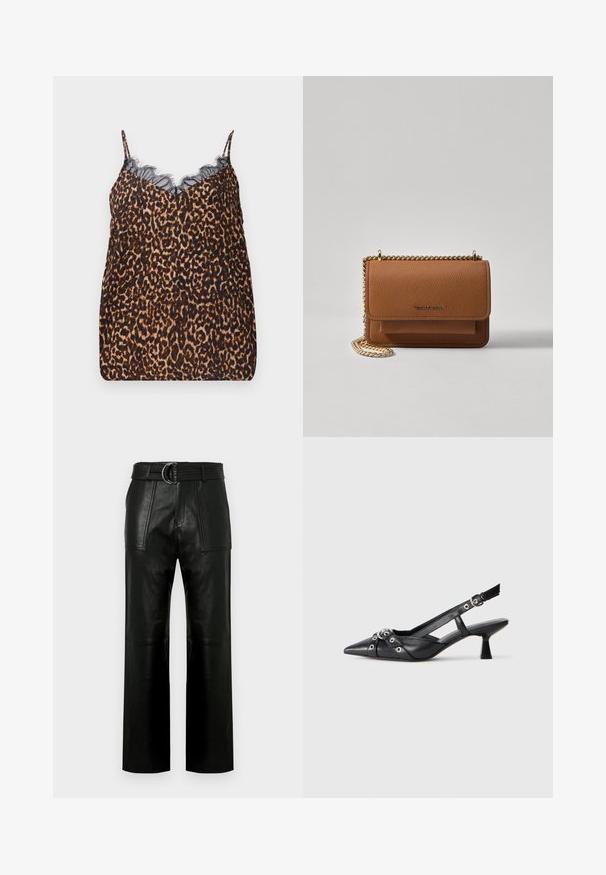 Leopardenmuster-Camisole aus weichem Stoff, mit zarter schwarzer Spitzenverzierung am Ausschnitt und verstellbaren Spaghetti-Trägern.; Hochtaillierte schwarze Lederhose mit weitem Bein, großen aufgesetzten Taschen vorne und einem passenden Gürtel mit Doppelringverschluss.; Schwarzer Leder-Slingback-Schuh mit spitz zulaufender Zehenpartie, dekorativen Riemen mit METALLÖSEN und niedrigem Blockabsatz. Strukturelle Oberfläche.; Braune strukturierte Ledertasche mit goldener Kettenriemen und Klappenverschluss. Die Vorderseite zeigt ein Logo-Detail und eine Tasche unter der Klappe.