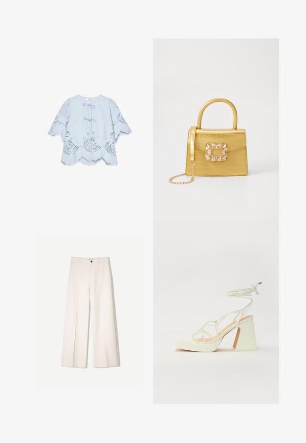 Light blue blouse with a scalloped hem and lace detailing. Features a tie front closure and flared sleeves. Soft fabric and intricate patterns.; Cream wide-leg trousers with a tailored design, featuring two front pockets and a single front button closure, made from smooth fabric.; White high-heeled sandal with a chunky heel, featuring a strappy design and ankle tie. Smooth texture with a platform front for added height.; Yellow faux-crocodile handbag with a structured design, top handle, detachable chain strap, and decorative crystal embellishment on the clasp.