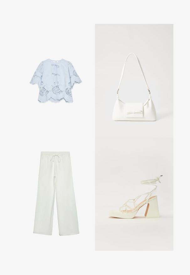 Light blue blouse with a scalloped hem and lace detailing. Features a tie front closure and flared sleeves. Soft fabric and intricate patterns.; White wide-leg pants made of soft fabric. Features an elastic waistband with a drawstring and a smooth texture. No visible patterns or hardware.; White high-heeled sandal with a chunky heel, featuring a strappy design and ankle tie. Smooth texture with a platform front for added height.; White synthetic handbag with a triangular shape, flat front flap and bow detail, adjustable strap, smooth texture, and minimalistic design.
