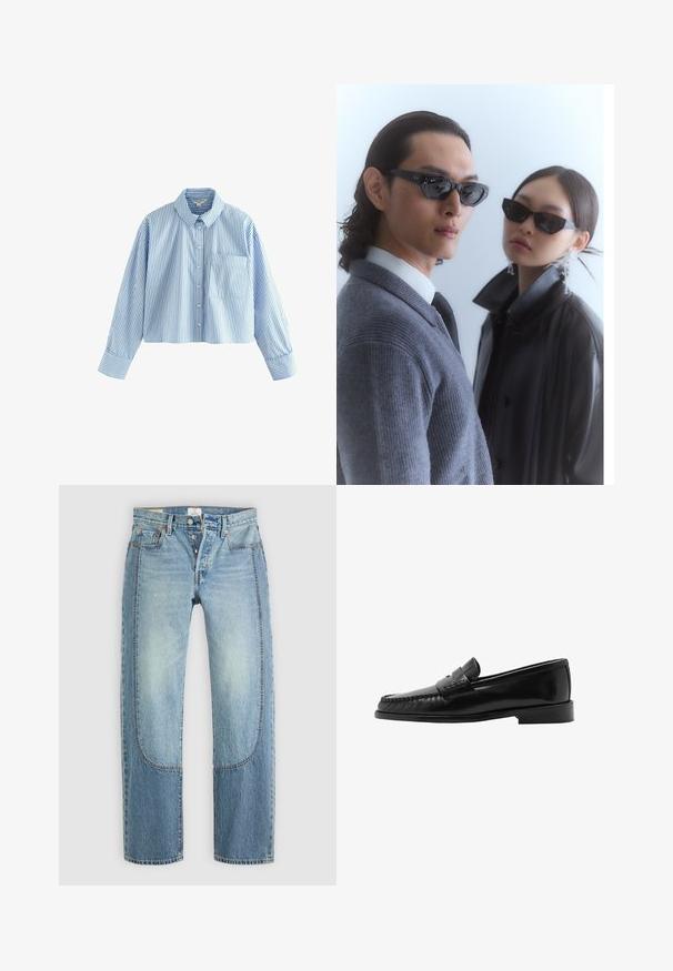 Camicia button-up cropped con maniche lunghe, realizzata in tessuto a righe blu e bianche. Presenta un colletto e una tasca sul petto lato sinistro.; Jeans in denim azzurro chiaro con una vestibilità dritta e maggiormente ampia, caratterizzati da dettagli di pannelli contrastanti e un design a cinque tasche. Chiusura con bottone.; Mocassino in pelle nera con silhouette curva, fascetta decorativa, cuciture texture e suola in gomma piatta. Finitura liscia e design elegante.; Occhiali da sole con montatura nera angolare indossati da un modello con un maglione grigio, che mette in mostra un tessuto a maglia testurizzato e una giacca di pelle nera indossata da un altro modello.; Borsa a mano in pelle nera con forma curva, borchie dorate lungo il bordo, tracolla regolabile e un anello laterale per un tocco di dettaglio.