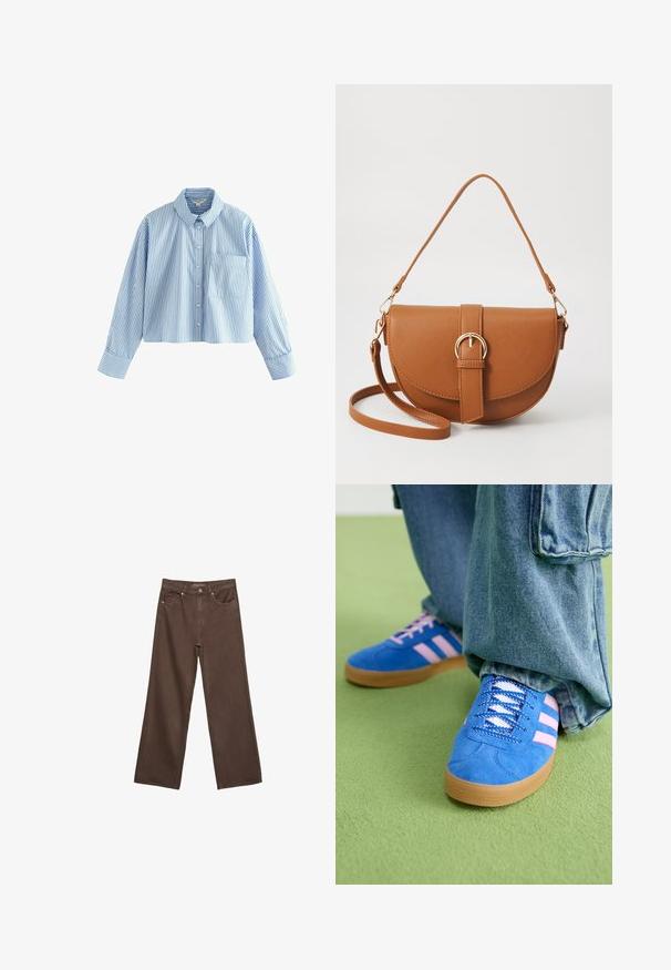 Gekürztes Hemd mit langen Ärmeln, aus blau-weiß gestreiftem Stoff. Verfügt über einen Kragen und eine Brusttasche auf der linken Seite.; Weite braune Jeans aus Denim, mit hoher Taille, Fronttaschen und klassischem Knopfverschluss. Glatte Textur mit feinen Nähten.; Blaue Wildlederschuhe mit rosa Streifen und weißen Schnürsenkeln, ausgestattet mit einer Gummisohle, kombiniert mit lockeren Jeanshosen auf einer grünen Fläche.; Braune Leder-Crossbody-Tasche mit geschwungener Form, goldfarbenen Beschlägen und einer Schnallenakzentuierung. Verfügt über einen abnehmbaren Schultergurt.