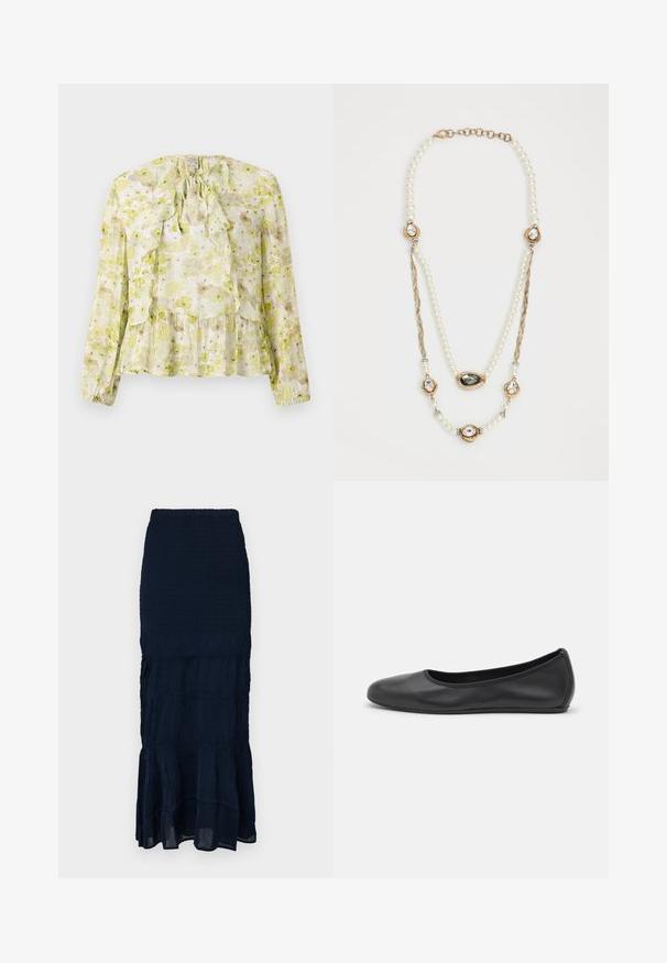 Cvetna bluzica v svetlo zeleni in kremni barvi, z nabranimi paneli, dolgimi rokavi, zapiranjem na povezovanje pri vratu in večplastnim robom s prozorno teksturo.; Mornarsko modra midi krilo z nabrano tkanino, večstopenjskim volanastim robom in teksturirano tkanino. Elastičen pas za nastavljivo prileganje.; Črne usnjene balerinke z zaobljenim nosom, gladko teksturo, minimalnimi šivi in fleksibilno zasnovo podplata.; Perla ogrlica z zlatimi akcenti, ki vključuje tri žlazy nastavitve z dragulji in pleteno sekcijo verige. Barvna paleta vključuje belo in zlato.