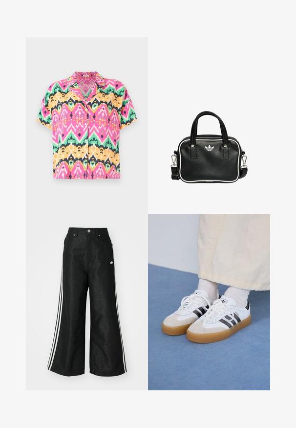 Koszula z krótkim rękawem z wyrazistym, wielokolorowym wzorem w zygzak w odcieniach różu, zieleni, żółci i czerni. Wykonana z lekkiego materiału z kołnierzykiem.; Czarne dżinsy o szerokich nogawkach z trzema białymi paskami po bokach i małym białym logo. Posiadają przednie kieszenie i zapięcie na guzik.; Białe sneakersy z czarnymi paskami i beżowymi zamszowymi akcentami. Posiadają teksturowaną gumową podeszwę i płaskie białe sznurowadła, noszone z jasnymi skarpetami.; Czarna skórzana torebka z dwoma krótkimi uchwytami, srebrnymi akcentami, białymi detalami i białym logo. Posiada teksturowaną powierzchnię oraz kompaktowy design.
