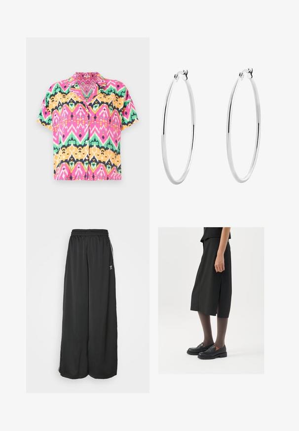 Kurzarmhemd mit einem lebhaften, mehrfarbigen Zickzackmuster in Pink, Grün, Gelb und Schwarz. Hergestellt aus leichtem Stoff mit Kragen.; Schwarze, locker sitzende Jogginghosen aus glattem Material. Mit elastischem Bund und seitlichen Streifen mit Logo-Akzenten.; Schwarzer knielanger Rock mit seitlichem Schlitz, kombiniert mit schwarzen Loafers und transparenten braunen Strumpfhosen, aus glattem Stoff und mit einem schlichten Design.; Silberne Creolen mit einer glatten, polierten Oberfläche und einer dünnen, runden Form. Das Design verfügt über einen sicheren Verschluss.