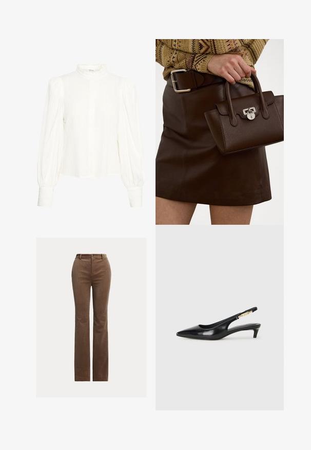 Blusa bianca a maniche lunghe con un tessuto testurizzato e stropicciato. Presenta un collo alto con volants e chiusura a bottoni. Maniche ampie e gonfie con polsini.; Pantaloni in corduroy marrone con design a gamba dritta, dotati di passanti per cintura, tasche anteriori e una delicata rigatura verticale per texture.; Tacchi slingback in pelle nera con punta affusolata, caratterizzati da un tacco alto e un accento dorato sulla cinghia regolabile. Texture liscia.; Borsa a mano in pelle marrone con finitura testurizzata e accessori in argento, tenuta con una mano accanto a una gonna in pelle marrone e un maglione a fantasia.
