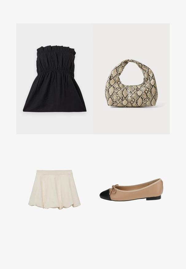 Black strapless dress with an elasticized bodice and gathered texture, flowing into a loose fit. Made from lightweight, soft fabric.; Cream-colored skirt with a soft, smooth texture, flared design, and a scalloped hem. Features a wide, elastic waistband for comfort.; Ballet flat in beige leather with a black cap toe. Features a front bow detail and a smooth texture. Low profile design with a rubber sole.; Snake-print handbag with a curved handle. Made from textured, beige and brown materials, featuring a distinctive diamond pattern.