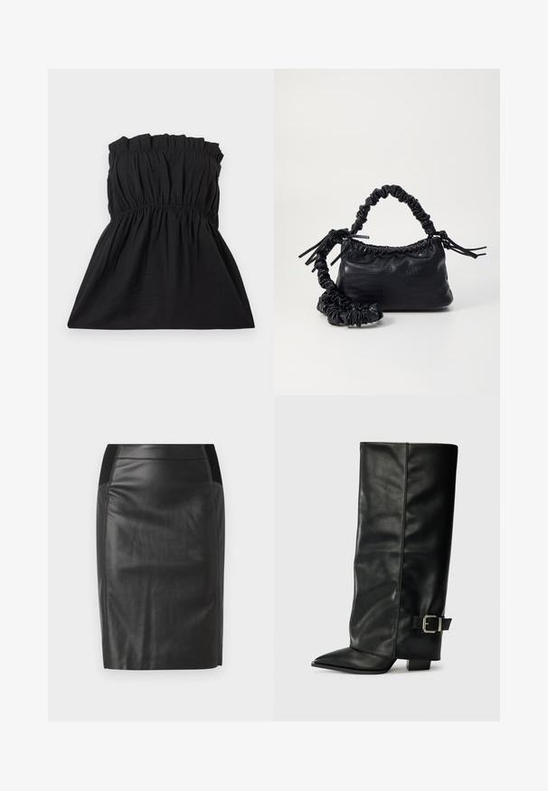 Čierne bezramienkové šaty s elastickým korzetom a nabrúsenou textúrou, prechádzajúce do voľného strihu. Vyrobené z ľahkej, mäkkej látky.; Čierna kožená ceruzková sukňa so priliehavým strihom, hladkou textúrou a elastickým pásom po oboch stranách. Rovný lem na spodnej strane.; Čierne kožené členkové topánky s špicatou špičkou, hladkou textúrou a striebornou prackou na boku. Masívny štvorcový podpätok.; Čierna umelá kožená kabelka s kroko vzorom, sťahovaným vrchom a zhnutým popruhom. Vyzerá mäkko a kompaktné v dizajne.
