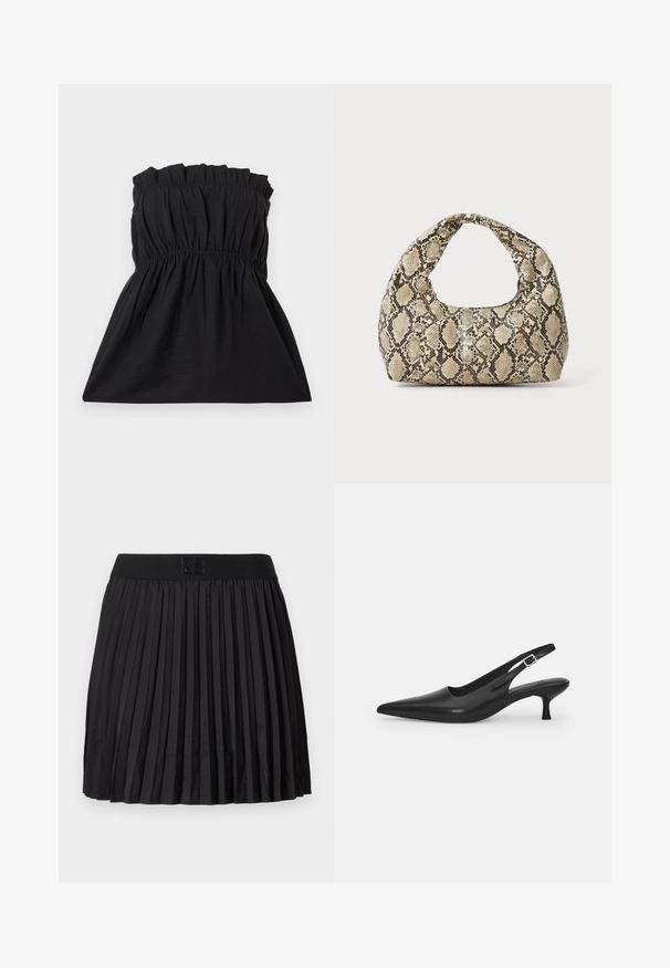 Czarna strapless sukienka z elastycznym majtkiem i marszczoną fakturą, przechodząca w luźny krój. Wykonana z lekkiego, miękkiego materiału.; Czarna plisowana spódnica o gładkiej fakturze, z solidnym czarnym pasem w talii i wytłoczonym detalem z logo z przodu.; Czarne skórzane buty typu slingback z wydłużonym noskiem i smukłym, zakrzywionym obcasem. Posiadają dyskretny regulowany pasek z metalową klamrą.; Torebka w wężowy wzór z zakrzywionym uchwytem. Wykonana z teksturowanych, beżowych i brązowych materiałów, z charakterystycznym wzorem w diamenty.