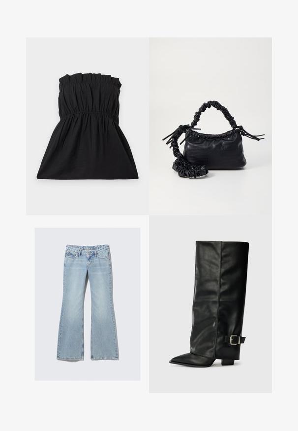 Must mustrõbata kleit elastse korpusega ja kogutud tekstuuriga, voolates laia lõikega. Valmistatud kergest, pehmest kangast.; Weekday NOVA - Liibuvad teksad - lip blue; Mustad musta nahast pahkluu kingad, millel on terav nina, sile tekstuur ja hõbedane pandlaaksent küljel. Tõmblukuga suur ruudukujuline konts.; Must must sünteetilisest nahast käekott, millel on krokodillimuster, kokku tõmmatav ülaosa ja kortsus rihm. Tundub pehme ja kompaktne disain.