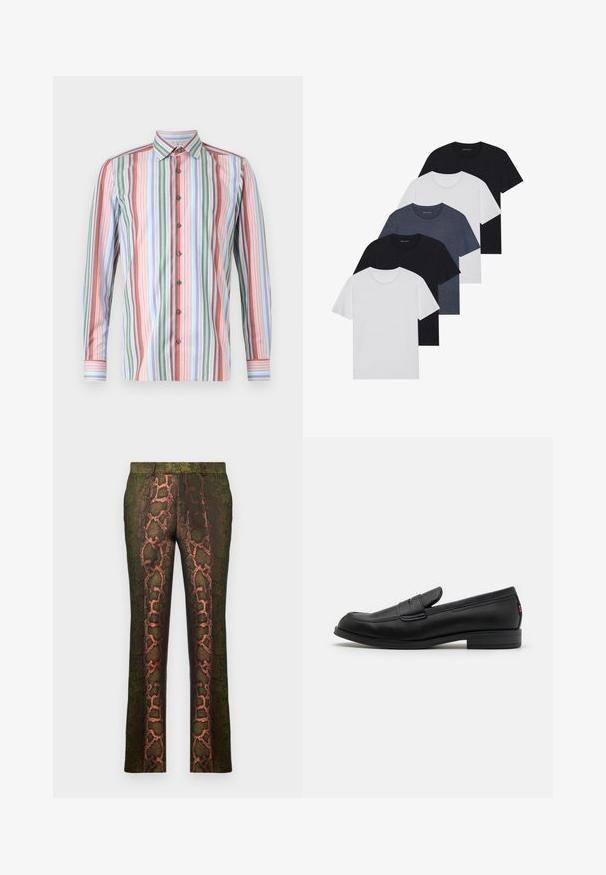 Koszula z guzikiem, w pionowe paski w różnych kolorach: czerwonym, zielonym, niebieskim i białym. Długie rękawy i standardowy krój kołnierzyka.; Zestaw pięciu koszulek w kolorach czarnym, białym i granatowym. Wykonane z bawełny, z krótkimi rękawami, klasycznym dekoltem i gładką fakturą, bez wzorów.; Zielone spodnie w wzory z nadrukiem węża w odcieniach brązu i pomarańczy, o prostym kroju i gładkiej teksturze.; Czarne skórzane loafersy o gładkim wykończeniu, zaokrąglonym czubku i małym dekoracyjnym klapku. Posiadają niską, warstwową podeszwę oraz subtelny detal z brandingiem.
