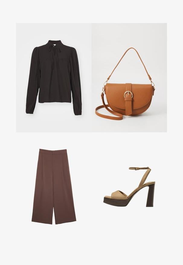 Blusa nera a maniche lunghe con colletto alto, dettaglio a oblò frontale e lacci. Realizzata in tessuto testurizzato con maniche leggermente arricciate.; Pantaloni ampi marroni con una texture liscia, caratterizzati da una vita alta e pieghe frontali. Il tessuto è leggero e scorre liberamente.; Sandali con tacco alto in suede beige, con una larga fascetta anteriore e una fascetta alla caviglia, dotati di un tacco blocco in legno spesso con una finitura testurizzata.; Borsa a tracolla in pelle marrone con forma curvata, hardware dorato e un dettaglio con fibbia. Presenta una tracolla rimovibile.