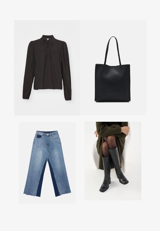 Svart langermet bluse med høy krage, frontdetalj i nøkkelhull og bånd. Laget av teksturert stoff med lett rynkede ermer.; Lyseblå vide jeans med kontrasterende mørkeblå paneler, frynset søm og vanlig liv med metallknapp-lukking.; Knæhøye sorte lærstøvler med firkantet tå og blokkhelt, vist med en modell som sitter iført en olivengrønn kåpe. Glatt tekstur, minimal detaljering.; Svart lær tote bag med glatt tekstur, rektangulær form og to lange håndtak. Ingen synlige deler eller dekorasjoner.