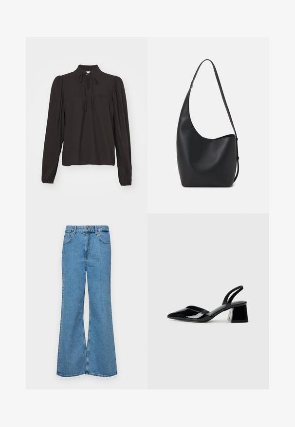 Blouse noire à manches longues avec un col haut, détail en trou de serrure à l'avant et liens. Fabriquée en tissu texturé avec des manches légèrement froncées.; Jean flare bleu clair en denim, avec une taille haute, cinq poches et une fermeture à un bouton. Texture douce avec une finition décolorée.; Escarpins en cuir verni noir avec bout pointu et talon bloc géométrique. Présente un design élégant et minimaliste ainsi qu'une texture lisse.; Sac hobo en cuir noir avec une texture lisse, une forme incurvée et une seule sangle réglable ; dispose d'une large ouverture en haut.