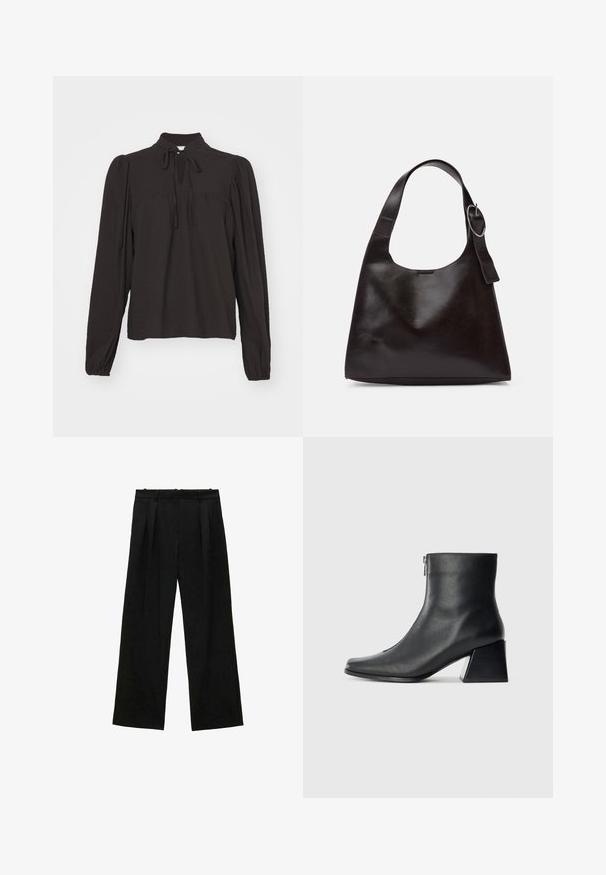 Bluză neagră cu mâneci lungi, guler înalt, detaliu în formă de cheie pe față și șnururi. Fabricată dintr-un material texturat, cu mâneci u ligeramente strânse.; Pantaloni negri cu picioare largi și pliseuri, având o textură netedă și un design cu talie înaltă. Stil minimalist, fără accesorii sau detalii vizibile.; Botină neagră din piele, cu vârf pătrat, fermoar pe lateral și toc bloc, pe un fundal simplu deschis.; Geantă de umăr din piele maro, cu o textură netedă, formă rotunjită, curea largă și un accent metallic circular pe mânere.