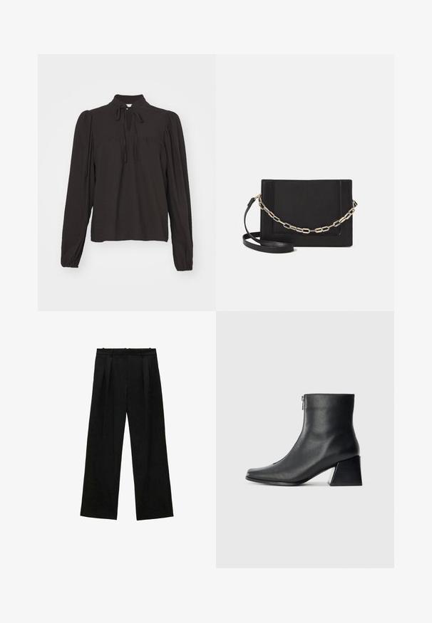 Čierna blúzka s dlhými rukávmi a vysokým golierom, predným otvorom a viazaním. Vyrobená z textúrovanej tkaniny s mierne nariasenými rukávmi.; Čierne široké nohavice s skladmi, s hladkou textúrou a vysokým pásom. Minimalistický štýl, žiadne viditeľné kovania ani ozdoby.; Čierna kožená členková obuv so štvrcovým špičkou, bočným zipsom a blokovým podpätkom na jednoduchom svetlom pozadí.; Čierna kožená crossbody taška s hladkou textúrou, obdĺžnikovým tvarom a kovovým reťazovým detailom na prednej strane. Súčasťou je nastaviteľný popruh.