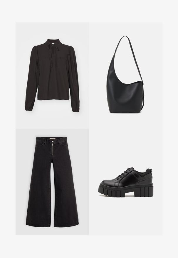 Black long-sleeve blouse with a high collar, front keyhole detail, and ties. Made of textured fabric with slightly gathered sleeves.; Wide-leg jeans in black denim with a zippered front, five-pocket design, and subtle stitching details. Smooth texture and casual style.; Black leather platform shoes with a chunky block heel, round toe, and traditional lace-up design. Features smooth texture and minimal detailing.; Black leather hobo bag with a smooth texture, curved shape, and single adjustable strap; features a wide opening at the top.