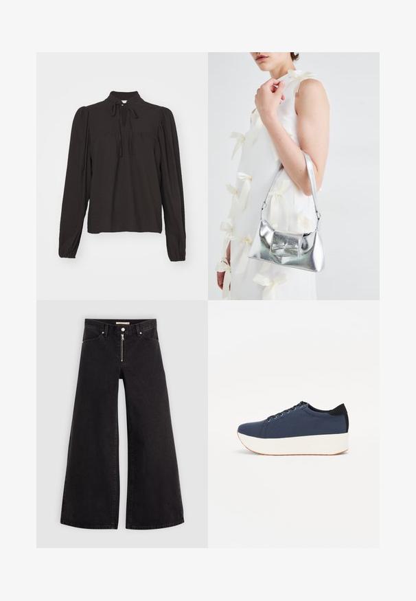 Black long-sleeve blouse with a high collar, front keyhole detail, and ties. Made of textured fabric with slightly gathered sleeves.; Wide-leg jeans in black denim with a zippered front, five-pocket design, and subtle stitching details. Smooth texture and casual style.; Navy blue sneaker with a textured fabric upper, white platform sole, rounded toe, and black heel accent. Features six eyelets for laces.; Silver metallic handbag with a structured shape, featuring a top handle and bow detail on the front. Smooth texture, reflective finish.