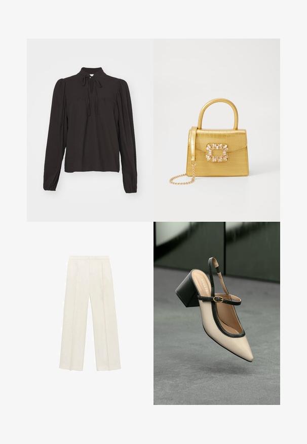 Schwarze Bluse mit langen Ärmeln und hohem Kragen, mit detailierter Aussparung vorne und Bindebändern. Hergestellt aus strukturiertem Stoff mit leicht gerafften Ärmeln.; Weit geschnittene Hosen in einem hellen cremefarbenen Farbton. Hergestellt aus einem glatten Stoff mit Falten an der Vorderseite und seitlichen Taschen.; Beiger Slingback-Pumps mit spitz zulaufender Schuhspitze, schwarzem Besatz und Schnallendetail. Glattes Material mit matter Oberfläche, mittelhoher Blockabsatz.; Gelbe Kunstleder-Handtasche im Krokodil-Look mit strukturiertem Design, Obergriff, abnehmbarem Kettenriemen und dekorativer Kristallverzierung am Verschluss.