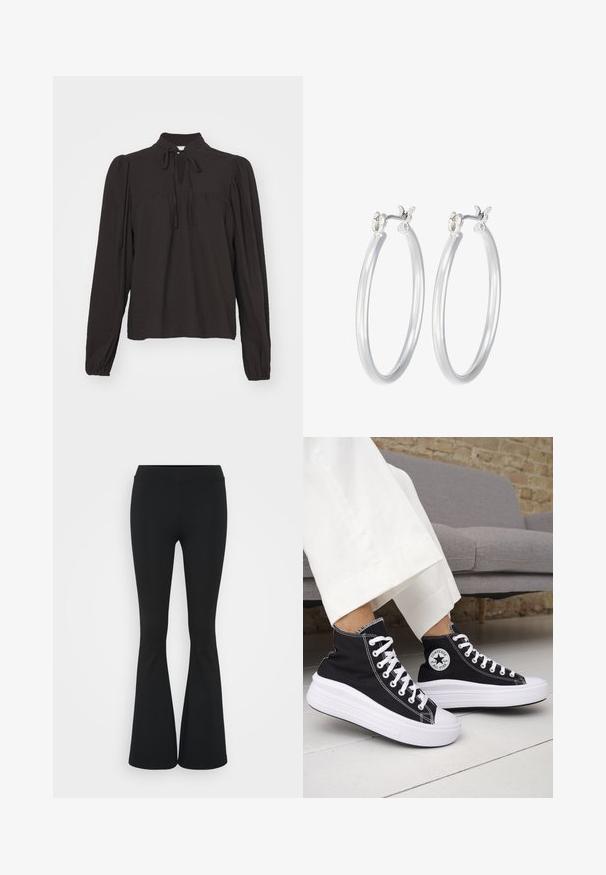 Čierna blúzka s dlhými rukávmi a vysokým golierom, predným otvorom a viazaním. Vyrobená z textúrovanej tkaniny s mierne nariasenými rukávmi.; Čierne rozšírené nohavice vyrobené z elastického materiálu, s vysokým pásom a hladkou textúrou. Nohavice sa rozširujú od kolena.; Čierne vysoké tenisky s bielymi gumovými podrážkami a šnúrkami. Obsahujú okrúhlu nášivku s logom a kontrastné biele prešívanie. Materiál je plátený.; Strieborné kruhové náušnice s hladkým, lesklým povrchom. Kolový tvar a bezpečné klikanie na uzatváranie. Ľahký dizajn vhodný na každodenné nosenie.