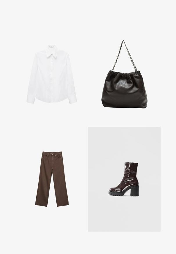 Hvid langærmet skjorte lavet af glat stof, med spids krave, knaplukning foran og afrundet kant med sideslidser.; Bredde ben brun denim jeans med høj talje, forlommer og klassisk knaplukning. Glat tekstur med diskret syninger.; Glatte burgunder ankelstøvler med en chunky sort hæl, der har en glat tekstur og et simpelt design. Ingen synlige lukninger eller mønstre.; Brun lædertaske med en rynket top og en kædestrop. Glat tekstur med en blank finish og subtile sømdetaljer på siderne.
