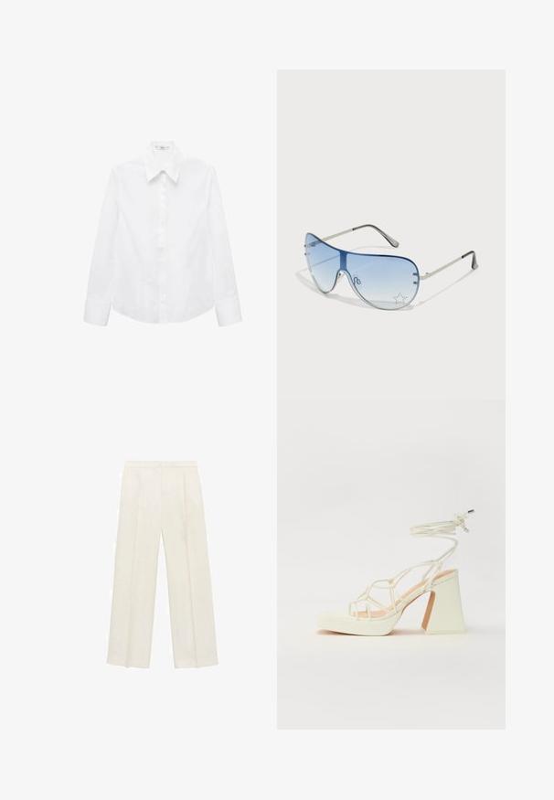 Biela košeľa s dlhým rukávom vyrobená z hladkej tkaniny, s ostrým golierom, zapínaním na gombíky a zaobleným lemom so bočnými rozparkami.; Široké nohavice vo svetlej krémovej farbe. Vyrobené z hladkej látky s skladmi vpredu a bočnými vreckami.; Biele sandále na vysokom opätku s hrubým podpätkom, s pruhovaným dizajnom a viazaním na členku. Hladký povrch s platformou vpredu pre zvýšenú výšku.; Pilotné slnečné okuliare s prechodovým modrým sklom, strieborným kovovým rámom a ozdobnými hviezdičkovými akcentmi na sklách. Hladký a elegantný dizajn.
