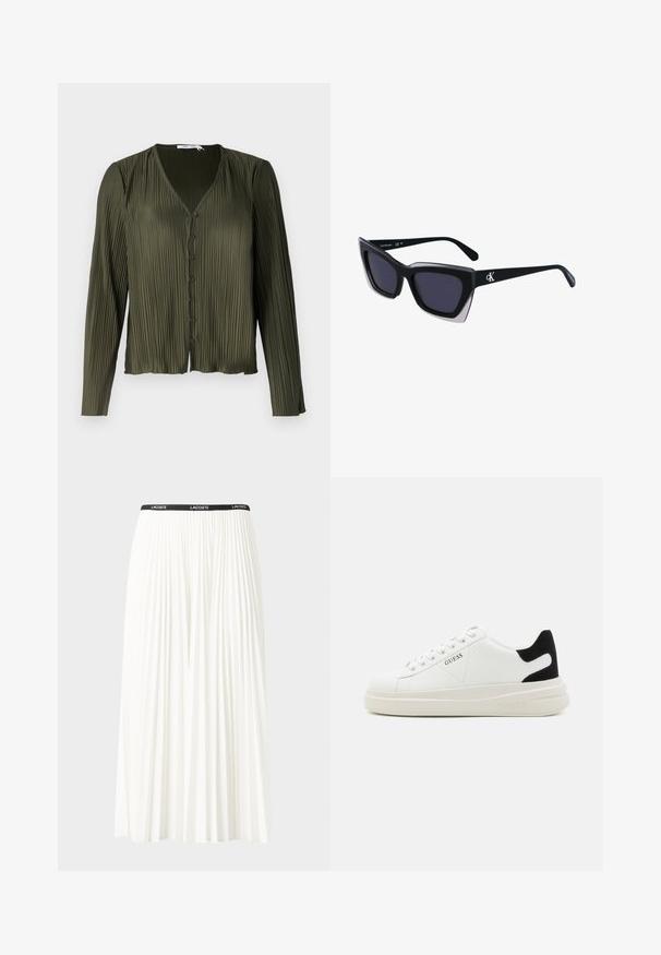 Samsøe Samsøe UMA BLOUSE - Pogājama blūze - forest night; Gari plānas baltas svārku ar melnu elastīgu jostu, uz kuras redzams "LACOSTE" logo. Vidēja garuma dizains ar mīkstu tekstūru.; Baltas ādas sporta apavi ar biezu balto zoli, melna zamša uzpura un izspiestais logotips sānos. Šņorējuma dizains ar sešiem acu caurumiem.; Melni pārmēru saulesbrilles ar ģeometrisku formu, kas aprīkotas ar tumšiem stikliem un kontrastējošu pelēku akcentu uz rāmja. Logo uz kājas.