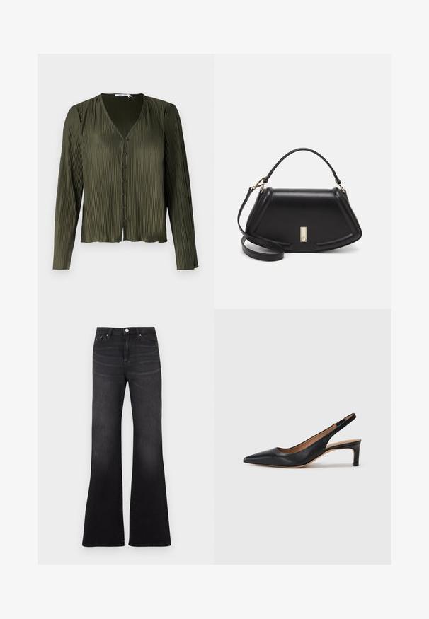 Samsøe Samsøe UMA BLOUSE - Button-down blouse - forest night; Black flared jeans in a denim fabric, featuring a high waist, five-pocket design, and a slight fade towards the legs' hem.; Black leather slingback pump with a pointed toe, low heel, and a smooth texture. Features a thin adjustable strap for a secure fit.; Black leather handbag with a structured design, featuring a cropped shape, top handle, and gold hardware accent. Adjustable shoulder strap included.