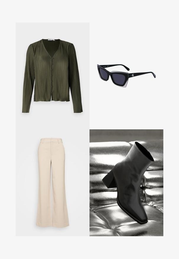 Samsøe Samsøe UMA BLOUSE - Užsagstoma palaidinė - forest night; Bežiniai plačios kojos kelnes su lygiu paviršiumi, turinčios aukštą liemenį ir dvi priekinės kišenes. Švarus dizainas su pritaikytu siluetu.; Juodos kulkšnies botai, pagaminti iš blizgaus medžiagos, su kvadratine padu ir siauru kulnu, prieš blizgiai sidabrinį pūsto audinio foną.; Juodos didelės saulės akinių su geometrine forma, turinčiais tamsius objektyvus ir kontrastingą pilką detalę ant rėmelio. Logotipas ant šalon.; Sidabrinės auskarai žiedai su lygiu, blizgiu paviršiumi. Suapvalinta forma, lengvas dizainas, su uždarymu ant smeigtuko.