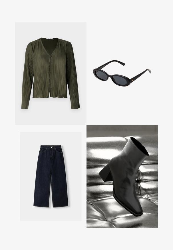 Samsøe Samsøe UMA BLOUSE - Blúzka so zapínaním na gombíky - forest night; Tmavomodré denimové nohavice s širokými nohavicami a vysokým pásom, s piatimi vreckami, kontrastným prešívaním a striebornými kovovými doplnkami. Hladká textúra a čisté prevedenie.; Čierne členkové topánky vyrobené z lesklého materiálu so štvorcovou špičkou a zúženým podpätkom, na lesklom striebornom podklade s vystuženým vzorom.; Čierne oversized slnečné okuliare s oválnymi šošovkami, hladkým plastovým rámom a zlatými akcentmi na straniciach. Tmavé šošovky poskytujú ochranu pred slnkom.