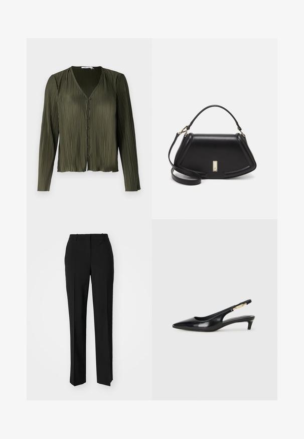 Samsøe Samsøe UMA BLOUSE - Overhemdblouse - forest night; Zwarte op maat gemaakte broek met een recht model, voorzien van een soepele textuur en scherpe plooien aan de voorkant. Geen zichtbare hardware.; Zwarte leren slingback hakken met een spitse neus, voorzien van een slanke hak en een goudkleurige accent op de verstelbare band. Gladde textuur.; Zwarte leren handtas met een gestructureerd ontwerp, featuring een verkorte vorm, bovenhandvat en gouden hardwareaccent. Inclusief verstelbare schouderband.