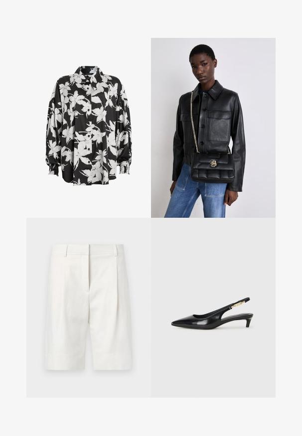 Juoda ir balta gėlių mygtukų marškiniai su plačia apykakle, susiraukšlėjusiomis rankovėmis ir lygia audinio tekstūra. Yra dideli gėlių raštai.; Šviesios spalvos pritaikyti šortai, pagaminti iš medvilnės, su lygia priekiu, klostėmis ir tiesiu kirpimu. Sklandus paviršius su klasikinėmis detalėmis.; Juodas odinis pavasario batelių modelis su smailiu nosiu, turintis siaurą kulniuką ir auksinės spalvos akcentu reguliuojamoje juostoje. Lygi tekstūra.; Juodas odinis švarkas su mygtukų uždarymu ir dviem priekinėmis kišenėmis, sujungtas su juodu siuvinėtu rankiniu krepšiu, turinčiu auksinį užsegimą ir grandinėlės dirželį.