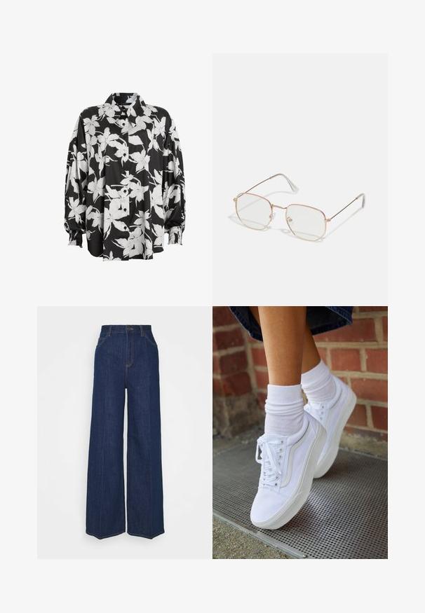 Juoda ir balta gėlių mygtukų marškiniai su plačia apykakle, susiraukšlėjusiomis rankovėmis ir lygia audinio tekstūra. Yra dideli gėlių raštai.; Aukštai juosmens, plačių kojų tamsiai mėlyni džinsai su priekinių ir galinių kišenių, mygtuko uždarymu ir matomais siuvimo detalėmis.; Baltos drobės sportbačiai su guminiais padais, turintys šešis užsegimus, apvalią nosį ir šviesias siūles, derinami su baltomis kulkšnies kojinėmis.; Stačiakampiai akinių rėmeliai su plonu, rožiniu auksu dengtu metaliniu rėmu. Skaidrus lęšiai, skaidrūs šventyklos galiukai ir subtilūs dekoratyviniai elementai aplink lęšius.