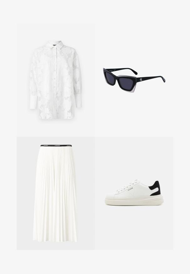White long-sleeve shirt with floral lace pattern, button-down front, and cuffed sleeves. Sheer texture with a soft finish.; Pleated white skirt with a black elastic waistband featuring the "LACOSTE" logo. Mid-length design with soft texture.; White leather sneakers with a thick white sole, black suede heel accent, and embossed logo on the side. Laced design with six eyelets.; Black oversized sunglasses with a geometric shape, featuring dark lenses and a contrasting grey detail on the frame. Logo on the arm.