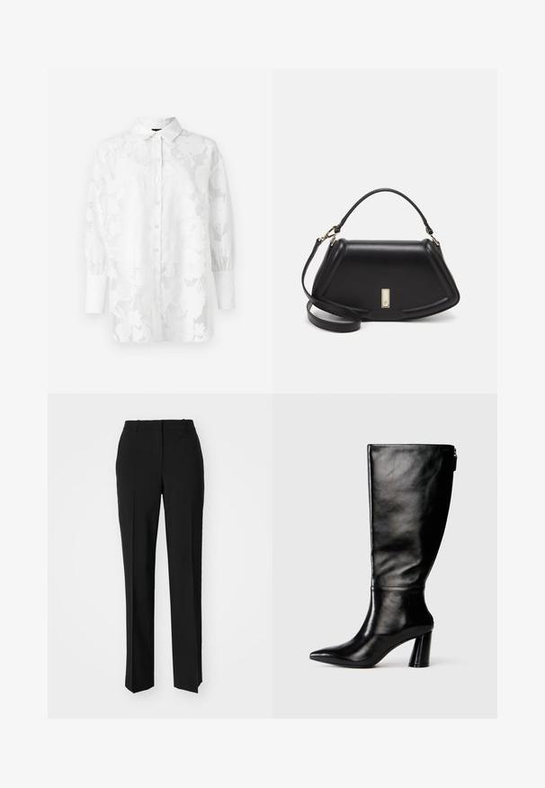 Biała, długosleeve koszula z kwiatowym wzorem z koronki, zapinana na guziki z mankietami. Przezroczysta tekstura o miękkim wykończeniu.; Czarne spodnie o dopasowanym kroju z prostymi nogawkami, o gładkiej fakturze i wyraźnych zagięciach z przodu. Bez widocznych elementów metalowych.; Czarny skórzany but do kolan z ostro zakończonym noskiem, gładką fakturą i grubym obcasem. Posiada zamek z tyłu.; Czarna skórzana torebka o strukturalnym designie, z przyciętą formą, górnym uchwytem i złotymi akcentami. W zestawie regulowany pasek na ramię.
