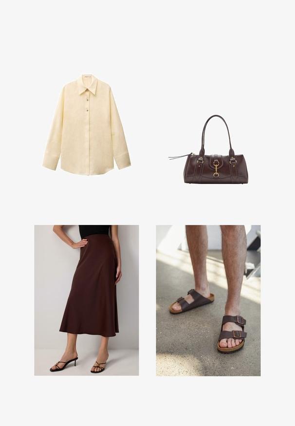 Jasnożółta lniana koszula z wyłogi, długimi rękawami, z zapięciem na guziki z przodu i lekko zaokrąglonym dołem. Teksturowana tkanina.; Brąskowa, do kolan satynowa spódnica o rozkloszowanym kroju. Posiada gładką teksturę i wysoki stan, w połączeniu z czarnymi sandałami na obcasie.; Ciemnobrązowe skórzane sandały z dwiema regulowanymi klamrami, korkową wkładką i teksturowaną gumową podeszwą, noszone na bosych stopach na betonowej podłodze.; Ciemnobrązowa skórzana torebka z dwoma górnymi uchwytami, złotymi akcentami metalowymi, detalem z zatrzaskiem z przodu oraz wyszywanymi teksturami po bokach.