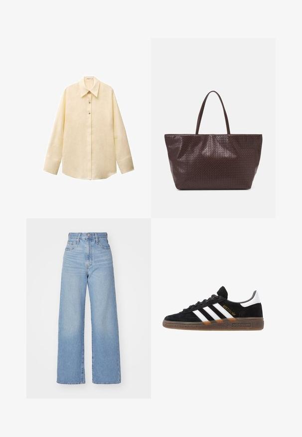 Chemise en lin jaune clair avec un col pointu, des manches longues, une fermeture frontale à boutons et un ourlet légèrement arrondi. Tissu texturé.; Jean large taille haute bleu clair avec bouton et fermeture éclair à l'avant, poches avant et arrière, sur fond blanc.; Baskets Adidas noires avec rayures blanches, inscription dorée "Spezial", semelle en gomme et languette blanche au talon, présentées en vue de profil.; Sac à tote en cuir tressé marron avec deux poignées, une forme structurée et une surface texturée, présentant un motif en losanges sur toute sa surface.
