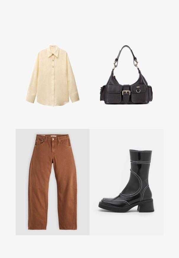 Camicia di lino giallo chiaro con colletto a punta, maniche lunghe, chiusura frontale con bottoni e orlo leggermente curvo. Tessuto testurizzato.; Jeans dritti di colore marrone ruggine con tasche anteriori e posteriori, rivetti metallici, chiusura con bottone e passanti per cintura, disposti su uno sfondo bianco.; Stivale alla caviglia in pelle verniciata nera con cuciture bianche, punta arrotondata e tacco a blocco. Presenta linee di design curve e una texture liscia.; Borsa a mano in pelle scura con due tasche frontali, una fibbia centrale e hardware in tono oro. Texture liscia con una silhouette curva.
