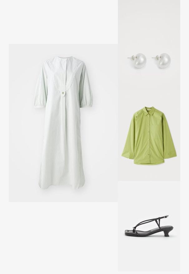 Cămașă cu nasturi de culoare verde deschis, cu mâneci lungi, guler clasic, un buzunar pe piept și un material neted, texturat.; Rochie rayée în verde deschis și alb, cu un guler rotund, mâneci scurte tip puff și închidere cu nasturi la spate.; Sandale negre din piele cu curele subțiri, toc mic pătrat și vârf pătrat. Prezintă o închidere cu cataramă și o textură netedă.; Cercei din perlă argintie cu o formă curbată, asemănătoare unei boabe. Suprafață netedă și strălucitoare, asigurată cu un sistem de fixare tip tijă și spate.