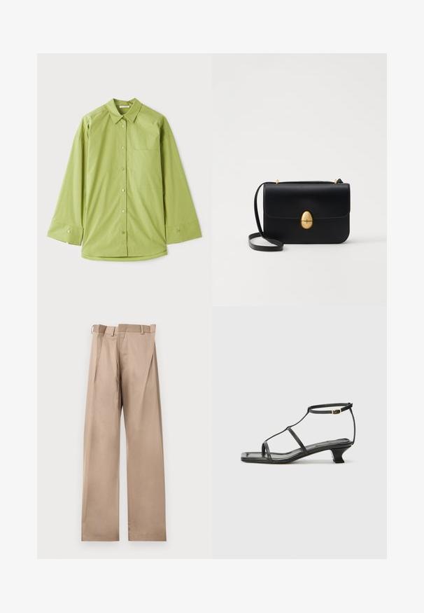 Light green button-up shirt with long sleeves, a classic collar, a chest pocket, and a smooth, textured fabric.; Beige tailored trousers with a straight leg, featuring a flat front, belt loops, and pleats. Made from smooth fabric with a soft texture.; Black leather sandal with a square toe, thin straps, adjustable ankle strap, and a low heel. Features a small gold accent on the strap.; Black leather handbag with a structured rectangular shape. Features a golden oval clasp and a thin shoulder strap. Smooth texture.