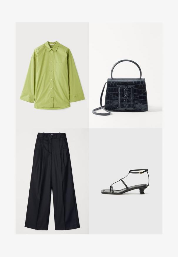 Chemise à boutons vert clair avec manches longues, un col classique, une poche poitrine et un tissu lisse et texturé.; Pantalons noirs à jambes larges en tissu lisse, dotés d'une taille haute, de plis et d'une coupe ajustée. Quincaillerie noire simple à la taille.; Sandale en cuir noir avec un bout carré, des fines lanières, une bride de cheville ajustable et un petit talon. Présente un petit accent doré sur la lanière.; Sac à main en cuir noir embossé en crocodile avec un design structuré, une poignée supérieure, une bandoulière ajustable et un détail de logo en avant bien visible.