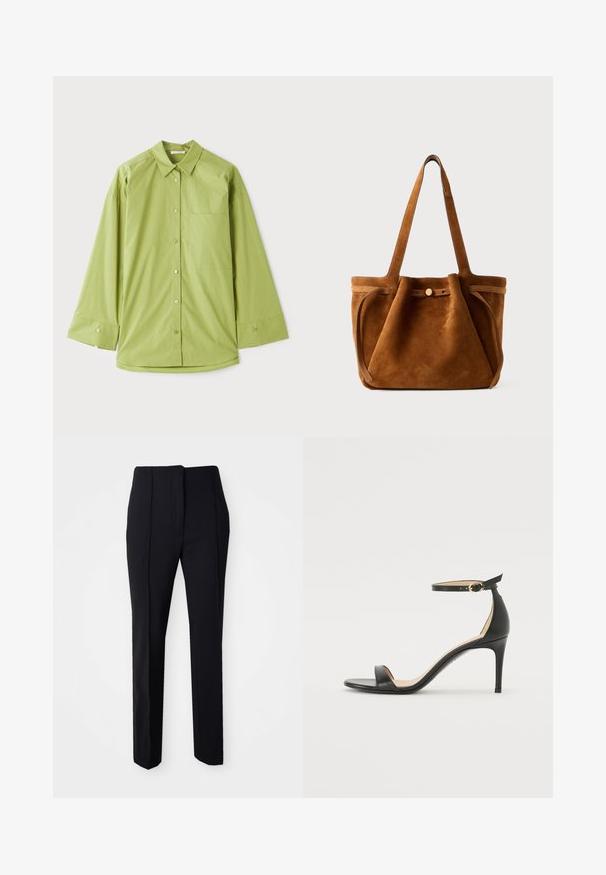 Vaaleanvihreä napitettavalla kauluksella, pitkähihaisilla hihoilla varustettu paita, jossa on rintatasku ja sileä, teksturoitu kangas.; Mustat räätälöidyt housut suoran lahkeen muotoilulla, valmistettu sileästä kankaasta, jossa on tasainen etuosa ja sivutaskut käytännöllisyyden takaamiseksi.; Musta nahkainen korkokenkä nilkkahihnalla. Sen pinta on sileä, avotoppi ja ohut korko. Kultasävyinen solk yksityiskohtana.; Ruskea samettinen kantolaukku, jossa on kaksinkertaiset kahvat, nappikiinnitys ja rento, hieman lörpähtänyt muoto.