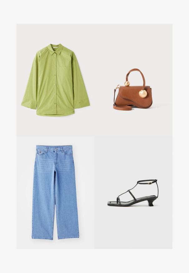 Lichtgroen overhemd met lange mouwen, een klassieke kraag, een borstzak en een gladde, gestructureerde stof.; Lichtblauwe wijde jeans van denim, met een klassieke vijf-pocketontwerp en een knoopsluiting. Soepele textuur, rafelige zoom.; Zwarte leren sandaal met een vierkante neus, dunne banden, een verstelbare enkelriem en een lage hak. Heeft een kleine gouden accent op de band.; Bruine leren handtas met een golvende uitstraling, voorzien van twee ronde gouden accenten en een afneembare schouderriem voor veelzijdig dragen.