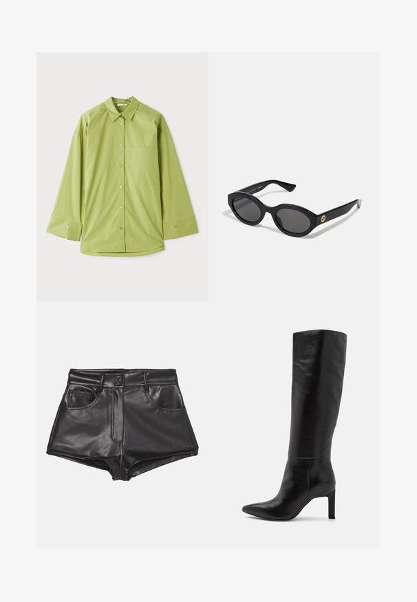 Svijetlozeleni košulja dugih rukava, klasičnog kragna, s džepom na prsima i glatkom, teksturiranom tkaninom.; Crne kratke hlače od umjetne kože s visokim strukom, sa dva prednja dzepa, vidljivim šavovima i glatkom teksturom.; Čizme od crne kože do koljena s visokom potpeticom i oštrim vrhom. Potpetica je u obliku bloka, što dodaje stabilnost dizajnu.; Crne ovalne sunčane naočale s tamnim staklima i sjajnim plastičnim okvirom. Sadrže zlatni logotip na sljepoočnici, što pruža elegantan i moderni dizajn.