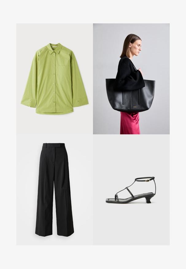 Világoszöld gombos ing hosszú ujjakkal, klasszikus gallérral, mellzsebbel és sima, texturált anyaggal.; Fekete, széles lábú nadrág sima anyagból, magas derékbandázsú, elöl két plisszéval és igényes szabással.; Fekete bőr szandál, négyzet alakú orral, vékony pántokkal, állítható bokapánttal és alacsony sarokkal. A pánton egy kis arany dísz található.; Fekete bőr bevásárlótáska, texturált felülettel, két függőleges vonallal, dupla vállpánttal és minimalista dizájnnal.